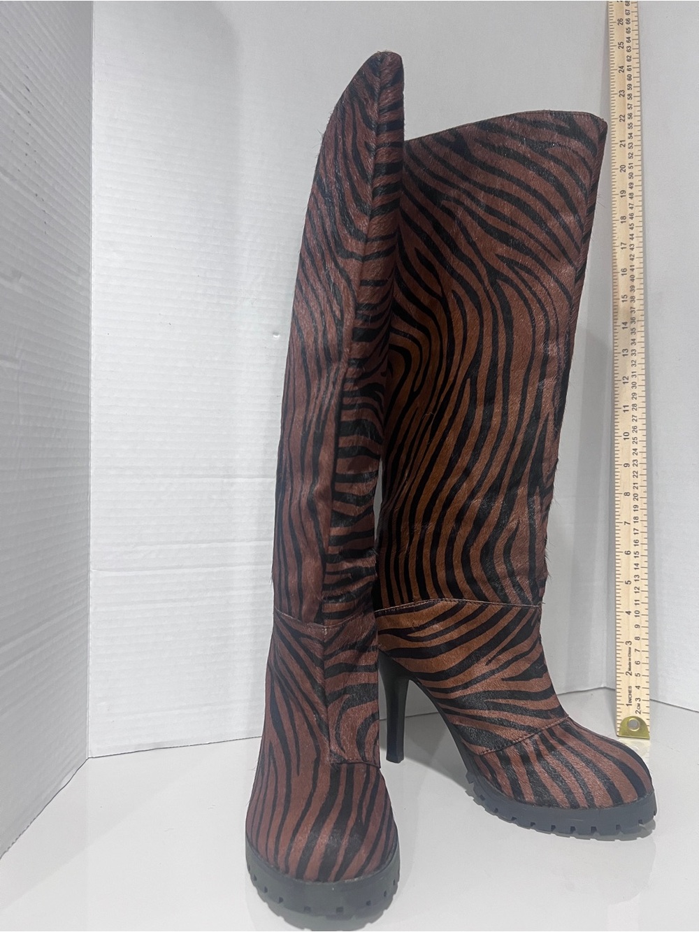 Envy Crackalackin 6.5 Zebra Hair-On Leather Knee High Stiletto Boots Y2K